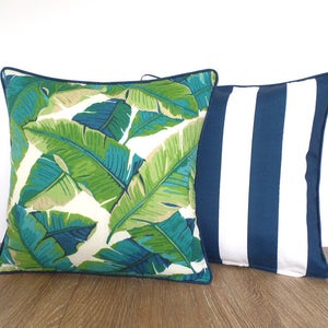 Green palm leaf outdoor pillow covers set of two 15x15, tropical leaf pillow cases for beach house decor, striped outdoor cushion cases