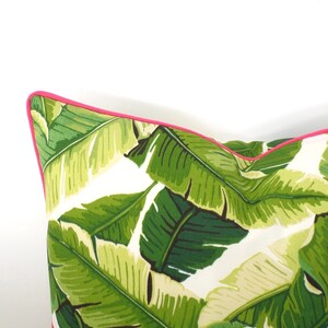 Palm leaf outdoor pillow case, tropical pillow pink piping Palm Beach decor, green outdoor cushion swaying leaves,banana leaf outdoor pillow image 4