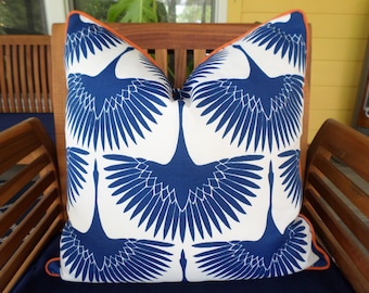 Blue outdoor pillow cover bird flock print, modern pillow cover bohemian decor blue and orange