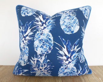 Blue outdoor pillow cover 16x16 pineapple print, tropical pillow case abstract floral print