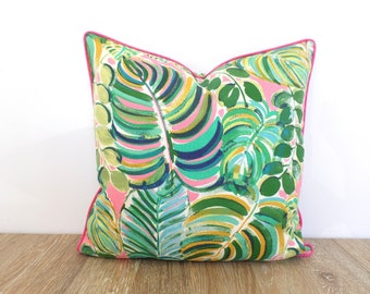 Green outdoor pillow cover 18x18 20x20 20x12 tropical decor, palm leaf pillow case, pink outdoor cushion cover
