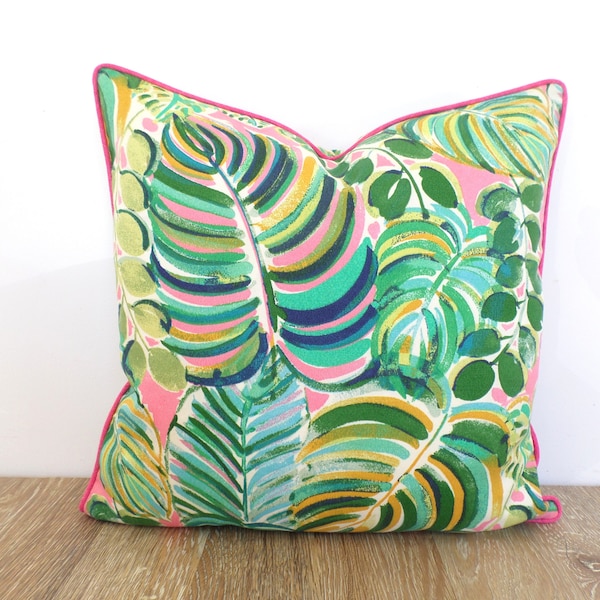 Green outdoor pillow cover 18x18 20x20 20x12 tropical decor, palm leaf pillow case, pink outdoor cushion cover