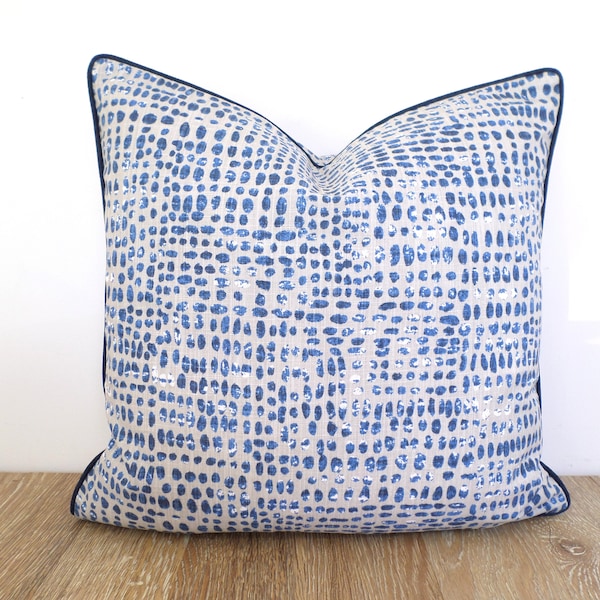 Navy blue dot pillow case nautical decor, blue and white pillow case with piping, taupe cushion cover Hampton decor