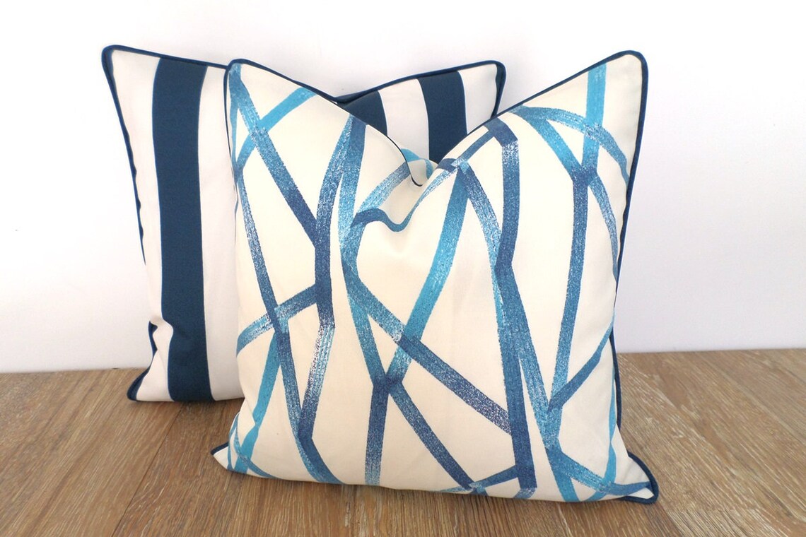Blue and White Outdoor Pillow Cover Blue Striped Outdoor Etsy