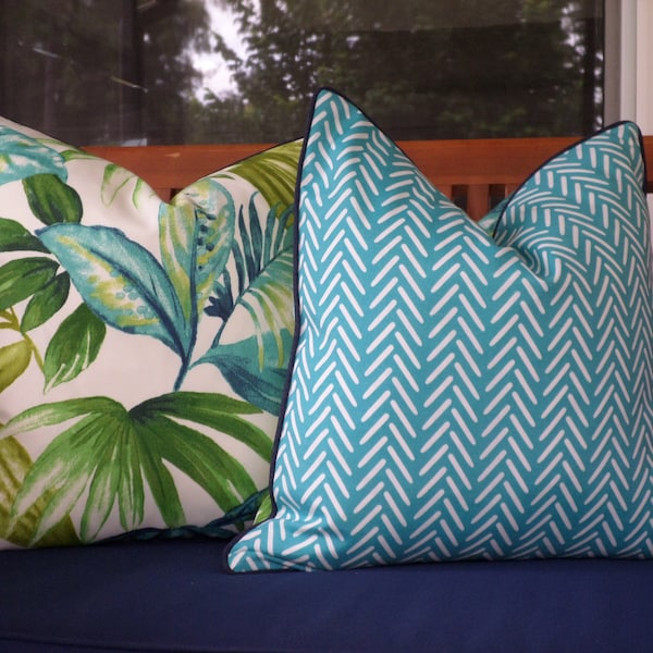 Teal outdoor pillow cover tropical decor, palm leaf pillow case , green outdoor cushion cover