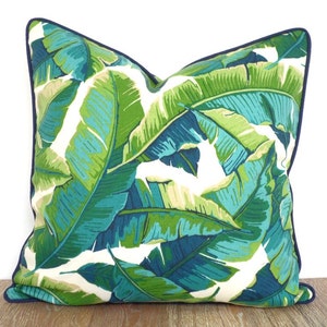 Tropical pillow cover banana leaf print, green outdoor cushion cover Hollywood Regency, green palm leaf pillow cover outdoor fabric image 2