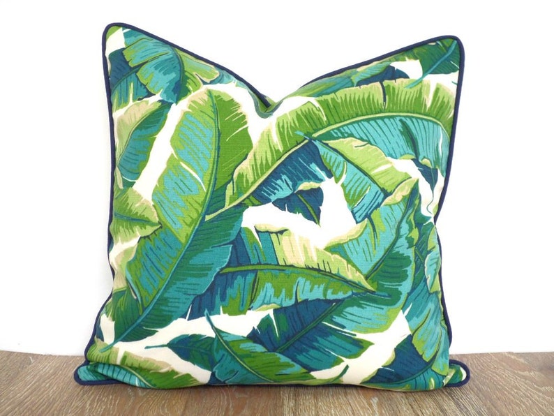 Tropical pillow cover banana leaf print, green outdoor cushion cover Hollywood Regency, green palm leaf pillow cover outdoor fabric image 2