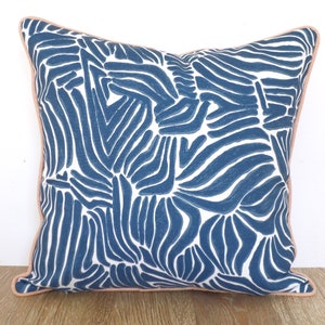 Blue animal print pillow cover 18x18 front porch decor, blue and blush outdoor pillow case, zebra print outdoor cushion cover image 6