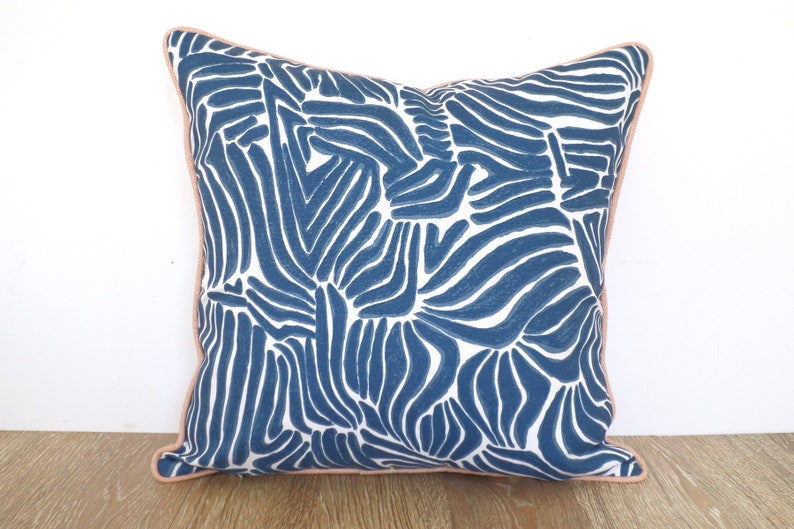 Blue animal print pillow cover 18x18 front porch decor, blue and blush outdoor pillow case, zebra print outdoor cushion cover image 6