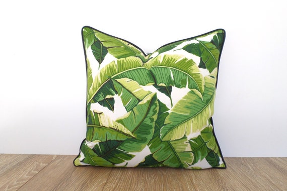 Tropical Pillow Cover Hollywood Regency Decor Green Leaf Outdoor Pillow Piping Palm Tree Cushion Case Coastal Outdoor Pillow Swaying Palm