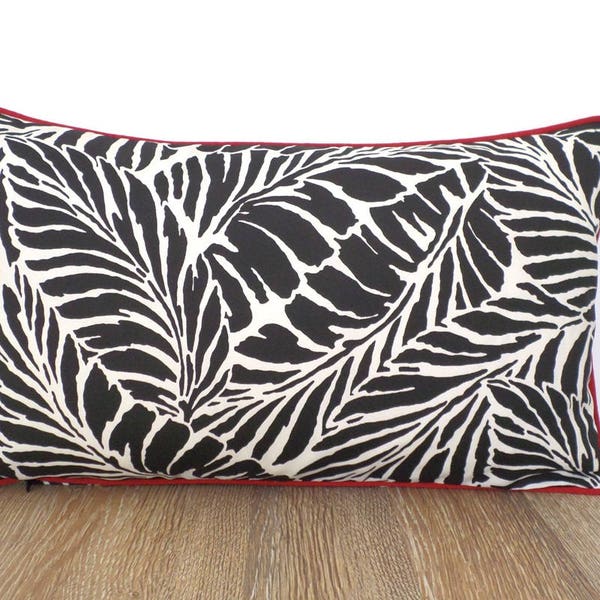 Funda de almohada exterior negra decoración tropical, funda de almohada de palma oscilante decoración negra y roja, funda de almohada tropical