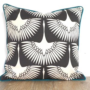 Modern Black and Ivory Outdoor Pillow Cover with Crane Flock Print in Mid Century Decor