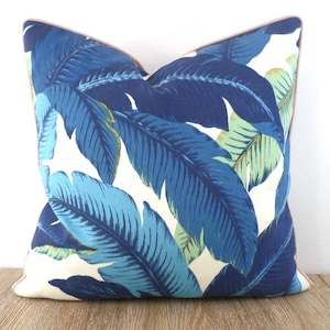 Blue outdoor pillow cover 20x20 palm leaf print, tropical pillow case blue and blush, swaying palm pillow cover