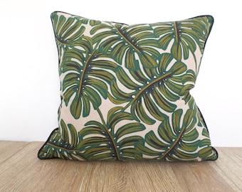 Tropical pillow cover 14x14 Monstera leaves print, palm leaf pillow case, green sofa cushion cover black piping, botanical pillow case