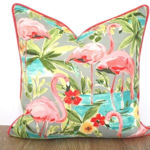 Coral outdoor pillow cover flamingo print, tropical outdoor cushion island decor, beach house pillow case, flamingo pillow with piping