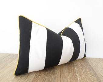 Black and White Striped Outdoor Pillow Cover: Yellow Piping, Lumbar Lounger