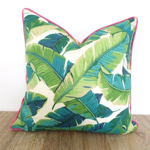 Banana leaf pillow cover 18x18, 20x20, 20x12 beach house decor, palm leaf pillow case tropical decor green and pink image 4