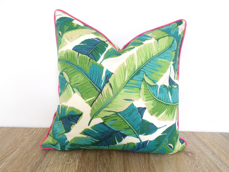 Banana leaf pillow cover 18x18, 20x20, 20x12 beach house decor, palm leaf pillow case tropical decor green and pink image 4