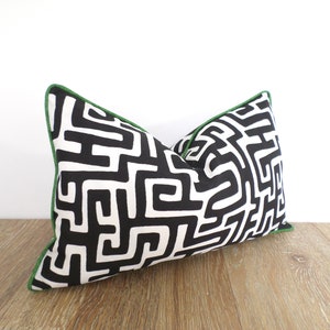 Black outdoor lumbar pillow cover Greek Key print, geometric pillow case for outdoor seating black white and green