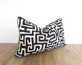 Black outdoor lumbar pillow cover Greek Key print, geometric pillow case for outdoor seating black white and green