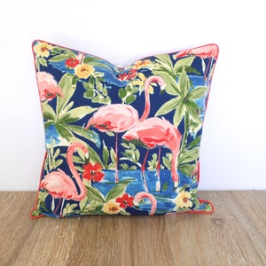 Coral outdoor pillow cover 18x18 pink flamingo print, geometric pillow case backyard decor, tropical outdoor cushion cover