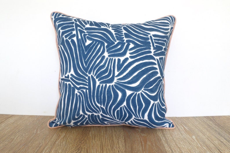 Blue animal print pillow cover 18x18 front porch decor, blue and blush outdoor pillow case, zebra print outdoor cushion cover image 2