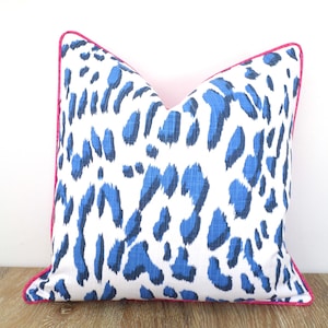 Bold leopard print pillow cover blue and pink decor, statement throw pillow case for modern bedroom decor