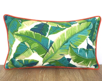 Tropical lumbar pillow cover 20x12 Palm Beach Decor, green outdoor cushion cover swaying palm print