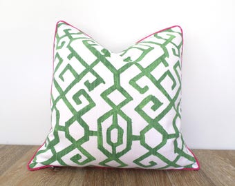 Jade green trellis pillow cover with pink piping minimalist decor, cream throw pillow case modern lattice print
