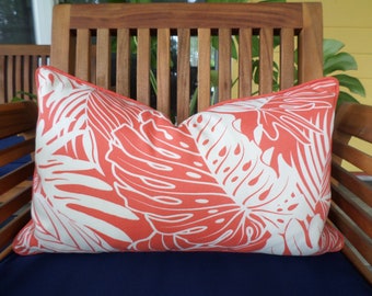 Coral outdoor lumbar cover 20x12 monstera print, tropical outdoor cushion case Tommy Bahama fabric