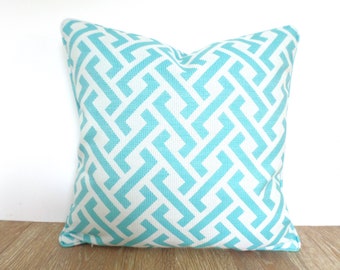 Turquoise outdoor pillow cover 18x18, trellis pillow case for outdoor bench, geometric cushion cover