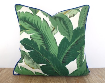 Tropical outdoor pillow cover Hollywood Regency Decor,  banana leaf pillow case, green and royal blue outdoor cushion cover