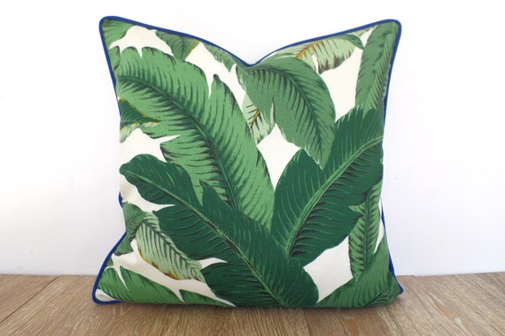 Tropical Outdoor Pillow Cover Hollywood Regency Decor Banana Leaf Pillow Case Green And Royal Blue Outdoor Cushion Cover