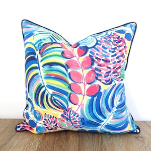 Tropical outdoor pillow cover 18x18 20x20 20x12 multicolored print, blue palm leaf pillow case modern beach house decor