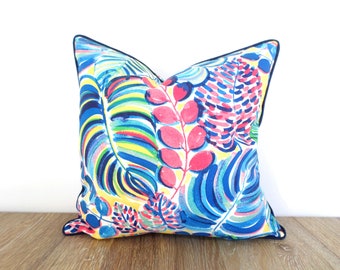 Tropical outdoor pillow cover 18x18 20x20 20x12 multicolored print, blue palm leaf pillow case modern beach house decor