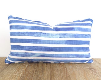 Blue lumbar pillow cover farmhouse decor, vertical striped pillow case cottage style