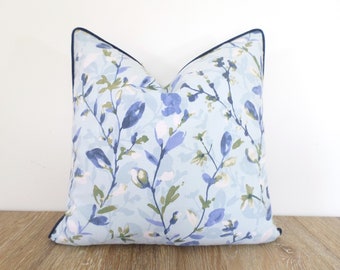 Blue accent pillow cover flower print, floral pillow case with piping bedroom decor