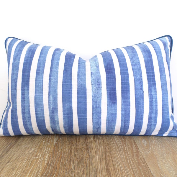 Cobalt Blue Striped Pillow Cover: Hampton Style Cotton Lumbar