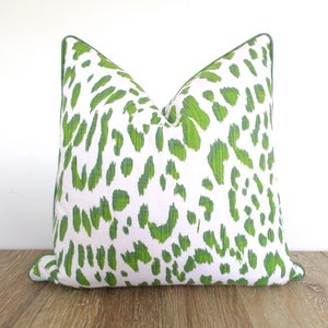 Green leopard pillow cover, modern accent pillow cheetah print, green throw pillow with piping