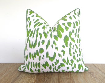 Green leopard pillow cover, modern accent pillow cheetah print, green throw pillow with piping