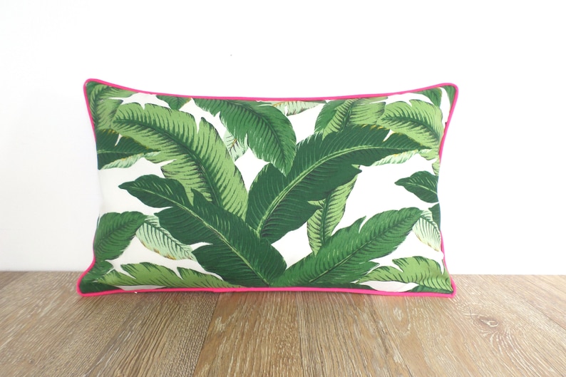 Tropical lumbar pillow cover 20x12 spring decor, banana leaf pillow case coastal beach house, green outdoor cushion palm leaf print image 4