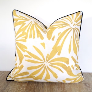 Yellow outdoor pillow cover abstract flower print, floral cushion case for entryway bench