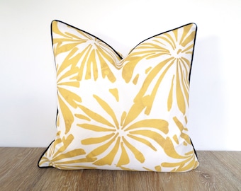 Yellow outdoor pillow cover abstract flower print, floral cushion case for entryway bench