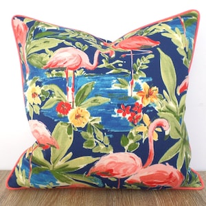 Flamingo outdoor pillow cover beach house decor, tropical pillow case coral flamingo print
