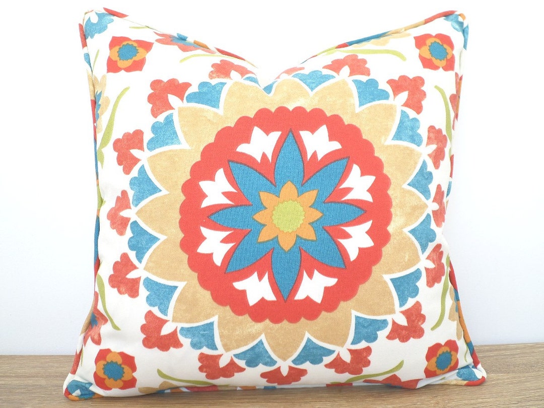 Red and Teal Outdoor Pillow Cover Beach House Decor Ikat Etsy