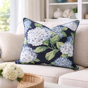 Blue Hydrangea Pillow Cover: Hampton Style Cotton Throw Pillow