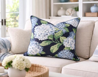 Blue Hydrangea Pillow Cover: Hampton Style Cotton Throw Pillow