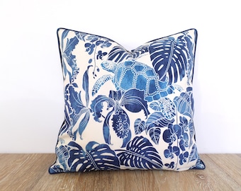 Blue outdoor pillow cover 18x18 turtle print, monstera leaf pillow case coastal decor Tommy Bahama fabric