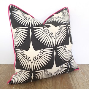 Black Swan Pillow Cover: Bird Flock Print, Hot Pink Piping