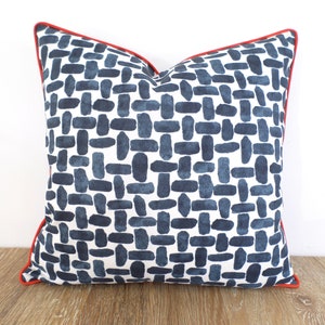 Blue outdoor pillow cover geometric print, abstract pillow case modern outdoor living, blue and orange cushion cover